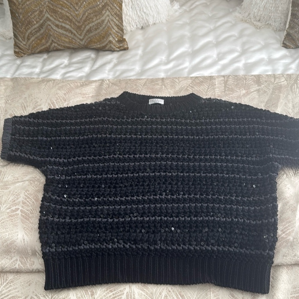 Brunello Cucinelli Black and Gray Stripe Sequin Sweater